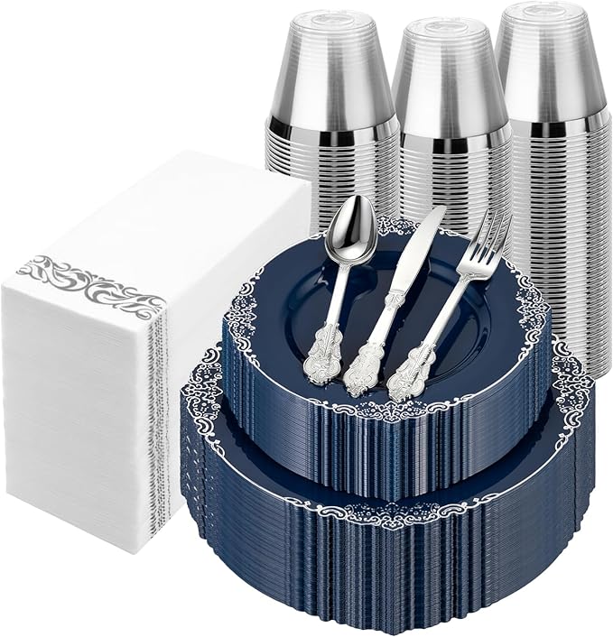 350PCS Navy Blue Plastic Plates for 50 Guests, Disposable Plates with Gold Trim include 50 Dinner and Dessert Plates, 150 Gold Silverware, 50 Cups, 50 Napkins for Party, Wedding & Graduation