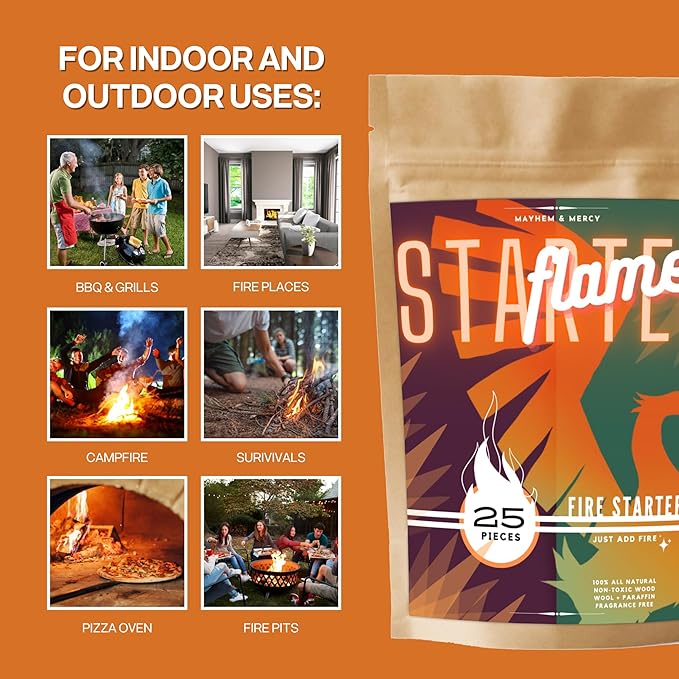 Natural Fire Starters for Fireplace, Wood Stove, Campfire & BBQ – Wood Wool & Wax Coils – Non-Toxic, Eco-Friendly Flame Starters by Mayhem & Mercy (24 Count)