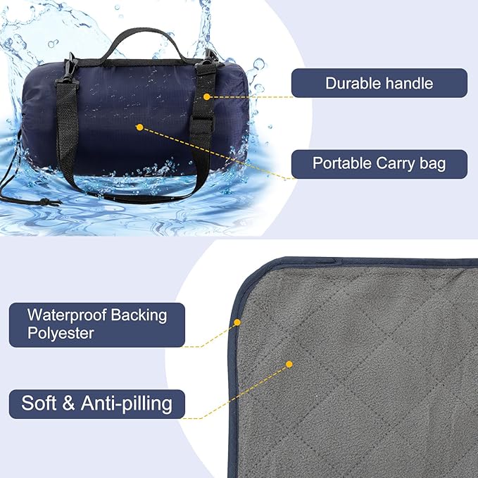 Tranqun 2 Large Outdoor Blanket 78'' x 55'' Quilted Windproof Waterproof Fleece Sandproof Stadium Foldable Warm Blanket for Camping Picnic Sporting Events Cold Weather (Navy Blue)