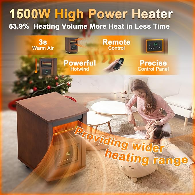 1500W Realsmart Space Infrared Heater for Indoor Use Large room Electric Quartz Heater with Remote Control Wheels LCD Display 3 Heating Modes 12H Timer Overheat Tip Over Protection Safe Coffe Brown