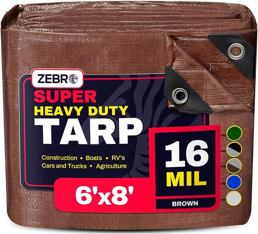 6' x 8' Brown Heavy Duty Tarp with Grommets Reinforced - 16 Mil Thick - Double Sided Plastic Tarps Waterproof - Large Tarpaulin Cover for Outdoor Camping Over/Under Tent Tarp RV Roof Rain - Zebro