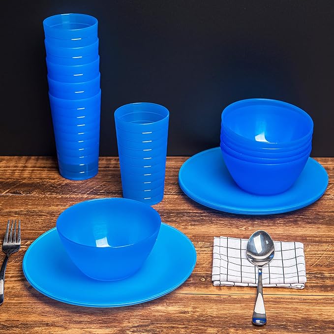 Plastic Dinnerware set, Unbreakable and Reusable Plastic Plate, Bowl and Tumbler | set of 18 Blue