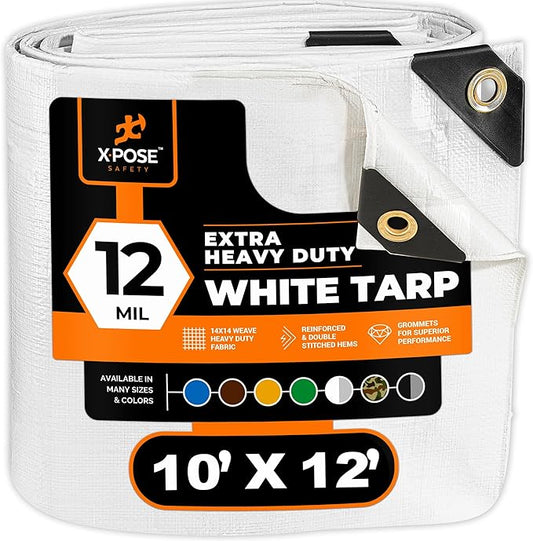 Heavy Duty White Poly Tarp 10' X 12' - Multipurpose Protective Cover - Durable, Waterproof, Weather Proof, Rip and Tear Resistant - Extra Thick 12 Mil Polyethylene - by Xpose Safety