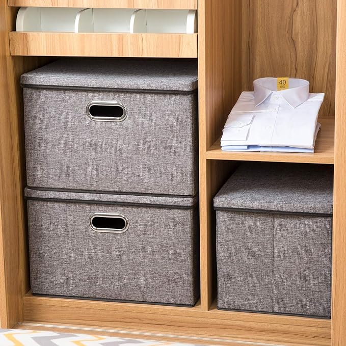 PRANDOM Large Collapsible Storage Bins with Lids [3-Pack] Linen Fabric Foldable Storage Boxes Organizer Containers Baskets Cube with Cover for Home Bedroom Closet Office Nursery (17.7x11.8x11.8)