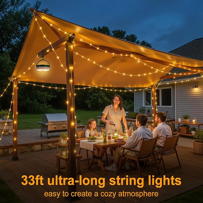 Solar Camping String Lights, 33FT 100LED Quick Storage Rechargeable Tent Lights with 9 Lighting Modes, Portable Camping Fairy Lights Waterproof for Outdoor Patio Garden Party Decorations