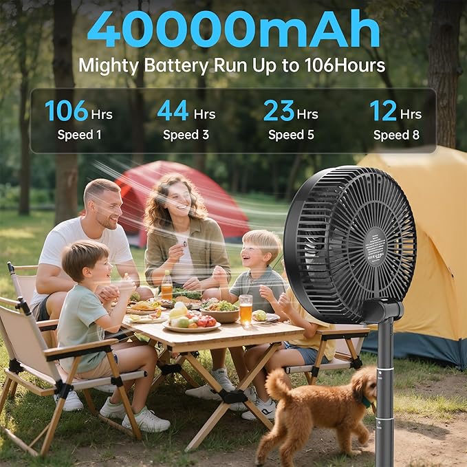 40000mAh Battery Operated Fan - Rechargeable Collapsible Fan, 106H Run, 9 Speeds Oscillating, Battery Powered with Timer & Light for Camping Travel RV Outdoor Hurricane Power Outage Black