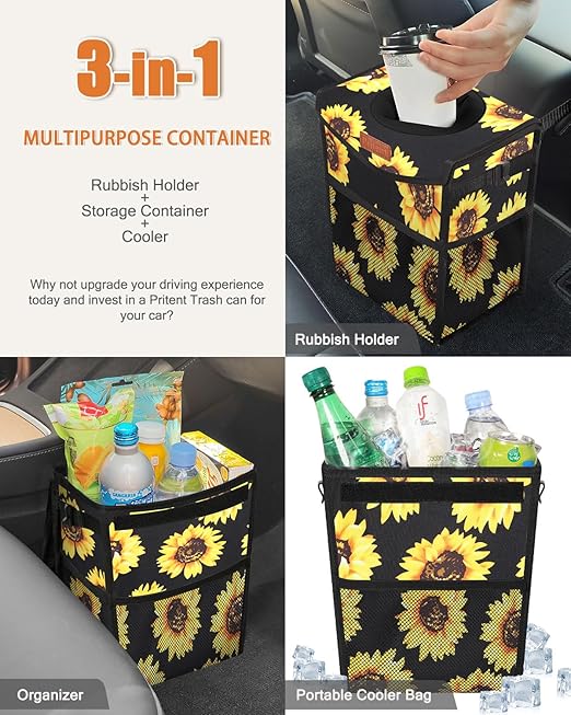 Car Trash Can with Lid, Cute Leakproof Car Trash Garbage Bag Hanging Vehicle Trash Bin Small Portable Automotive Garbage Cans Organizer for Back/Front Seat(Trapezoid,Black Sunflower