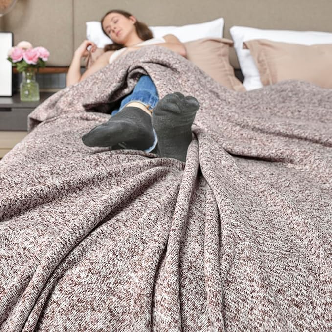 KAWAHOME Summer Sweatshirt Blanket Queen Size for Bed-Lightweight Breathable Blankets,Soft Thin Knit Jersey Blanket for Hot Sleepers,90 X 90 Inches, Heather Brown