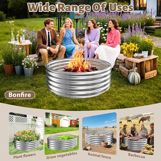 Camp Fire Ring Pit, Large Round Galvanized Steel Fire Pit, Heavy Duty Steel Fire Pit for Backyard, Camping, Bonfire (4x4x1.5 FT)