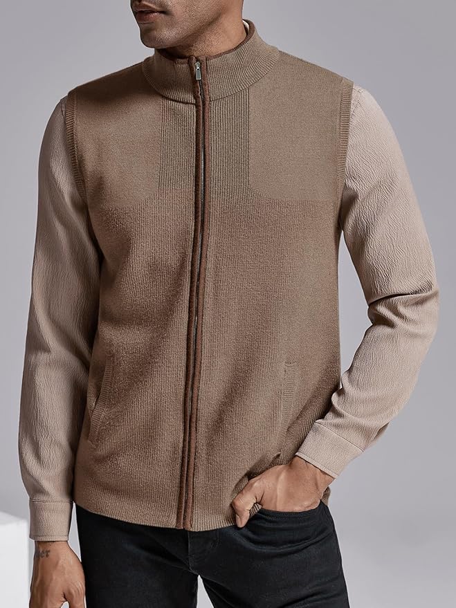 Ryannology Mens Sweater Vest Zip up Casual Sleeveless Cardigan Knitted Stand Collar Regular Fit Jacket with Pockets