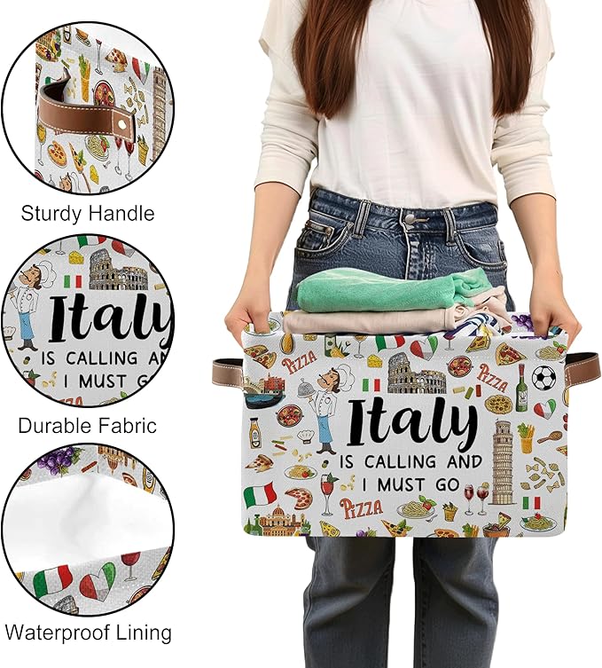 Italy Rectangle Storage Basket - Italy Themed Collection Collapsible Storage Baskets with Handles - Italian Toy Bin - Italian Souvenirs Storages Bin for Kids Clothes, Gifts, Books