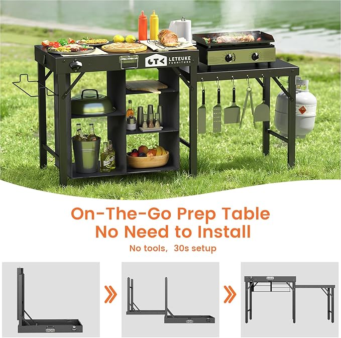 Leteuke Grill Table for Blackstone Griddle, Portable Foldable Grill Table with Storage Fits Ninja, Blackstone Griddle Stand for Outdoor Camping, Picnic, Garden, Patio, Dining, BBQ, Party