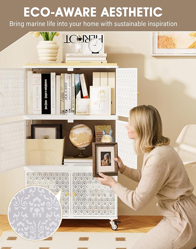 3 Tier Metal Storage Bins and Boxes Organizer, Magnetic Doors & 360°Swivel Lockable Wheels, Easy,labor-Saving, Ocean Life Cutout Pattern, Eco-Aesthetic for Living Room,Bedroom,bathroom,kitchen