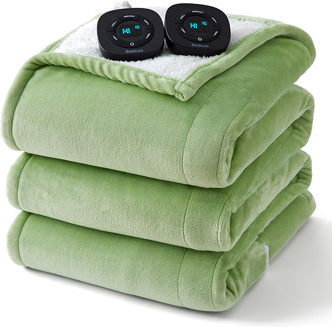 Bedsure Electric Blanket Queen Size - Dual Control Heated Blanket Queen, GentleSoft Fast Heating with 10 Time Settings & 10 Heat Settings, Warm Gift for Grandma (84x90 inches, Sage Green)