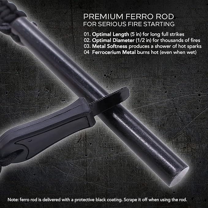 Hot Strike Ferro Rod Fire Starter | Emergency Ferrocerium Tool with Premium Striker and Lanyard with Buckle | Large Flint & Steel Survival Kit (5 x 1/2 in) | Camping, Survival, Emergency