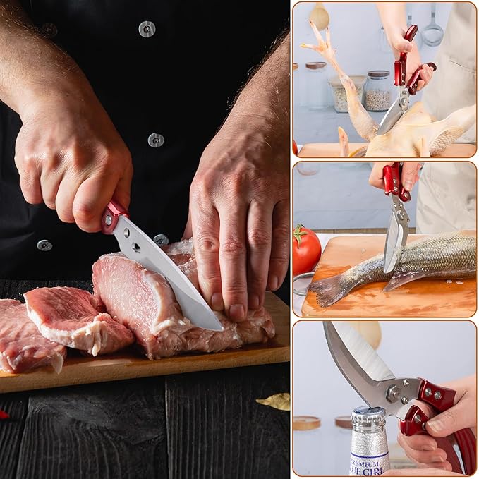 Kitchen Shears Kitchen Scissors for food - Stainless Steel Poultry Shears Heavy Duty for Meat Bones Seafood, All Purpose Food Scissors, Detachable Blades, Ergonomic Handle, Dishwasher Safe, Red