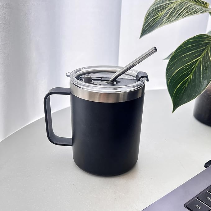 4pack 12oz Coffee Mug With Handle Bulk, Stainless Steel Insulated Travel Tumblers With,Double Wall Vacuum Camping Cup for Hot & Cold Drinks Tea (Black)