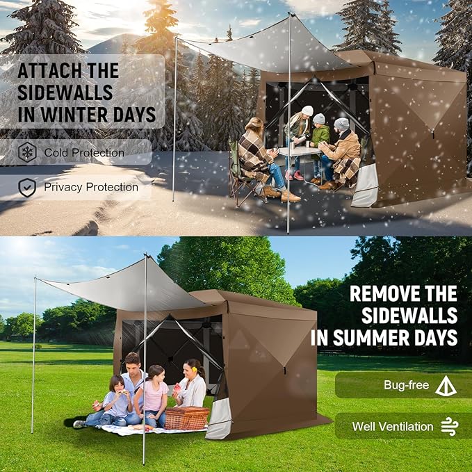 COBIZI 12x12 Pop up Gazebo Screen House Tent for Camping, Outdoor Canopy with Removable Roof&Sidewalls, Portable Hub Tent with Carrying Bag and Ground Stakes, Brown