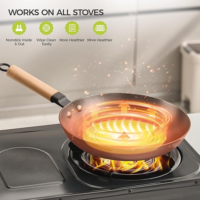 YUTANN Non Stick 12 inch Frying Pan, Lightweight Cast Iron Pan, Preseasoned Cast Iron Skillet with Wooden Handle, Cooking Pan Induction Frying Pan Easy Cleanup, Oven Broiler Safe 500F