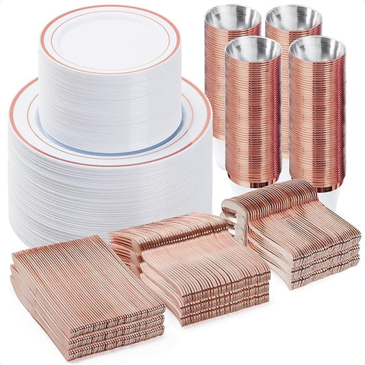 600PCS Plastic Dinnerware Set (100 Guests), Rose Gold Disposable Plates for Party, Wedding, Christmas, Anniversary, Includes: Dinner Plates, Dessert Plates, Cups, Spoons, Forks and Knives