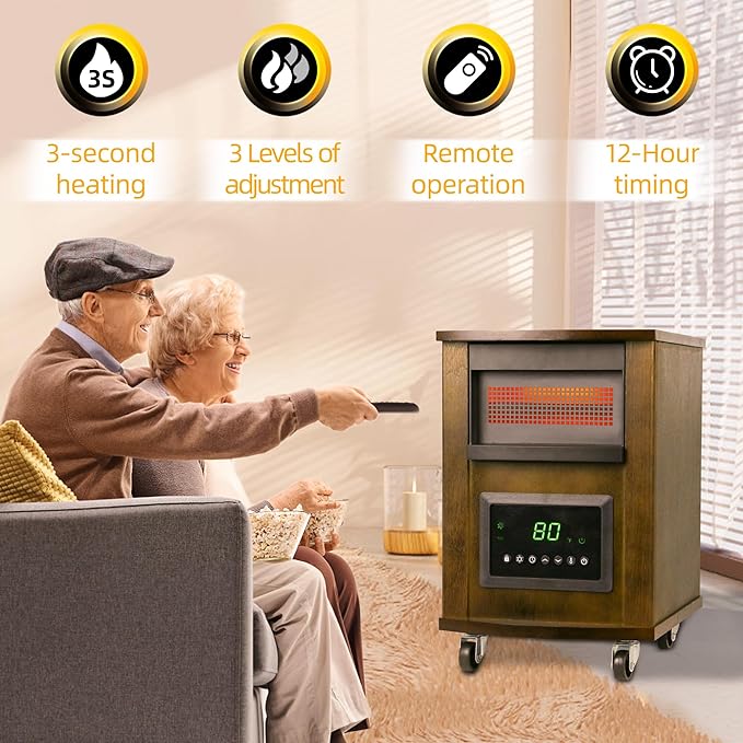 1500W Realsmart Space Infrared Heater for Indoor Use Large room Electric Quartz Heater with Remote Control Wheels LCD Display 3 Heating Modes 12H Timer Overheat Tip Over Protection Safe