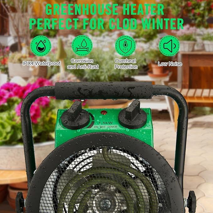 Greenhouse Heater with Digtal Thermostat, 1500W Electric Greenhouse Heaters, Fast Heating with Overheat Protection, Grow Tent Heater for Green House, Outdoor, Patio, Flower Room, Green