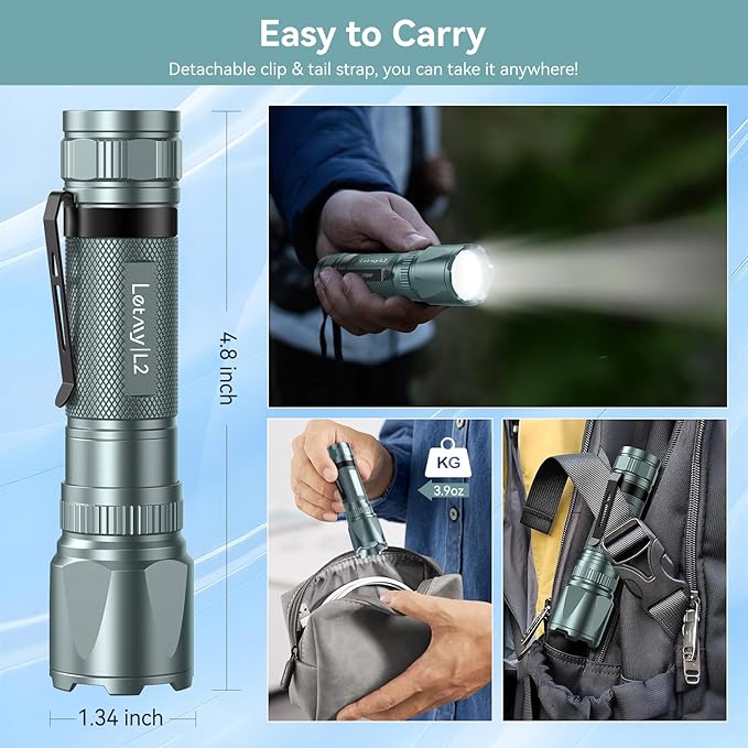 LETMY Rechargeable Flashlights High Lumens, 2 Pack 2000 Lumens Bright LED Tactical Flashlight, 3 Modes Samll Powerful Flash Lights with Clip, Waterproof Flashlights for Home Emergency Camping (Grey)