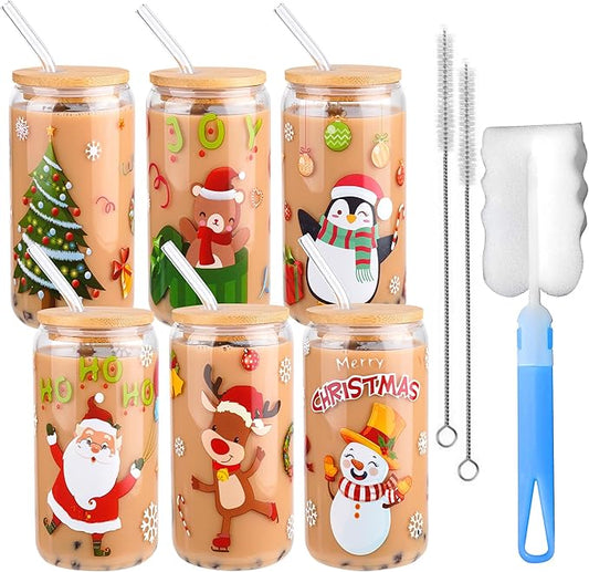 6 Pieces Christmas Can Glass 16oz Coffee Glass Cup with Bamboo Lid and Straw Santa Claus, Elk, Christmas Tree Can Glass for for Water, Juice, Milk, Beer, Whiskey, Vodka and Christmas Party Supplies