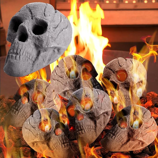 6 Pack Fire Pit Skulls 8.7 Inch Halloween Imitated Human Ceramic Firepit Head Fireproof Skulls Bonfire Accessories Fake Logs Halloween Decor for Gas Campfire Fireplace Wood Fires (Gray)