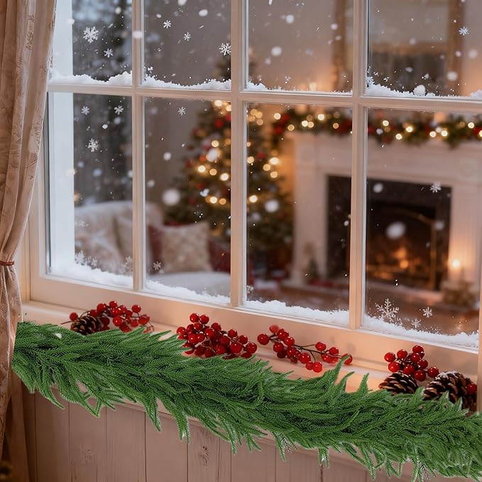 12FT(2 * 6FT) Artificial Norfolk Pine Garland Real Touch Winter Pine Christmas Garland Faux Evergreen Greenery Garland for Fireplace Mantel, Table, Door Decor - Indoor/Outdoor Holiday Decoration