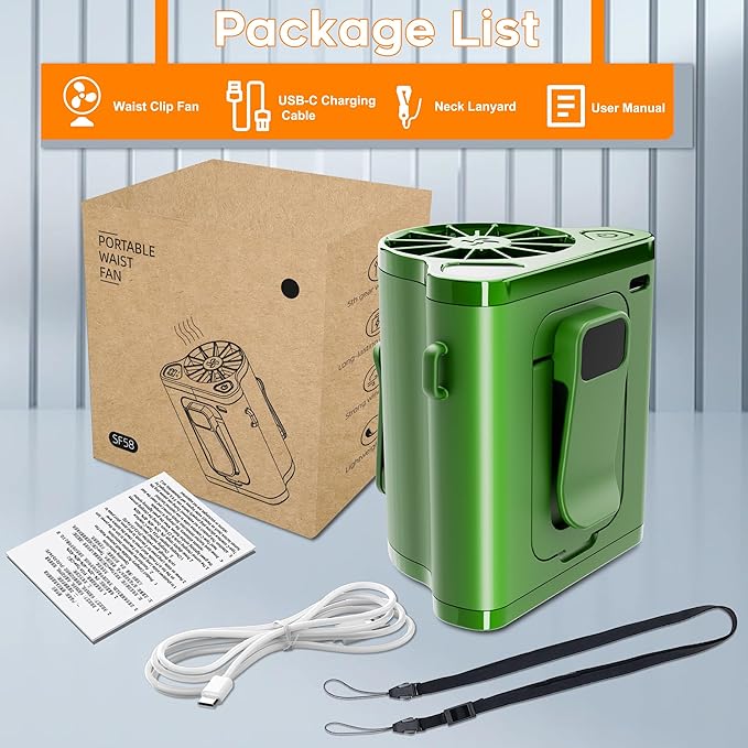 Portable Waist Fan Clip on Wearable Belt Personal Fans, Mini Personal Fans,5 Speeds 12000RPM, 12H Cooling Shirt Fan with Neck Fans Hanging Hands-Free for Outdoor Camping Travel Jobsite