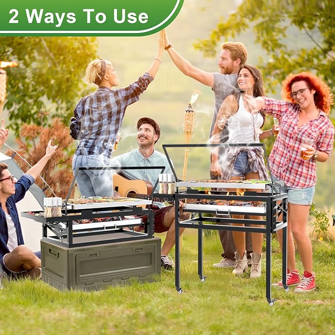 Charcoal Flip Grill for BBQ, Black Barbecue Grills for Outdoor Camping, Portable Tabletop Charcoal Grill with 360 Degrees Reversible Cooking Grid Removable Tray Adjustable Steel Frame,