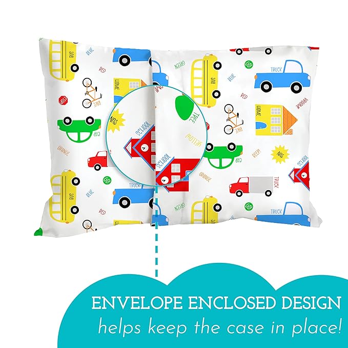Little Sleepy Head Toddler Pillow with Pillowcase 13x18 - Kids Pillow for Sleeping - Better Neck Support Ergonomic Pillow and Toddler Pillowcase - Best Pillows for Kids(Trucks 'N Cars)