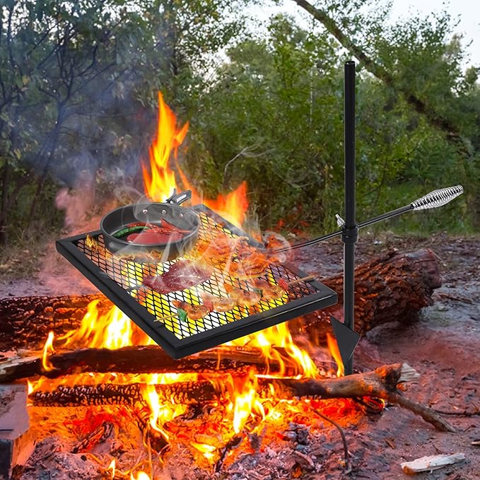 Lineslife Swivel Campfire Grill Grate, Adjustable Heavy Duty Steel Fire Pit Grill Grate Over Fire Pit, Open Fire Grill with Carrying Bag for Outdoor Cooking Camping, Rectangle Black