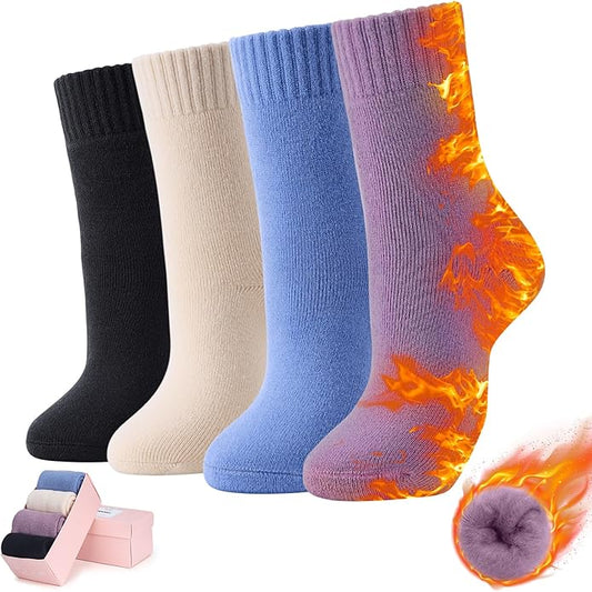 HUGSWEET Thermal Winter Socks for Women Extra Thick Insulated Heated Slipper Socks for Cold Weather 4 Pairs (Multicolor)