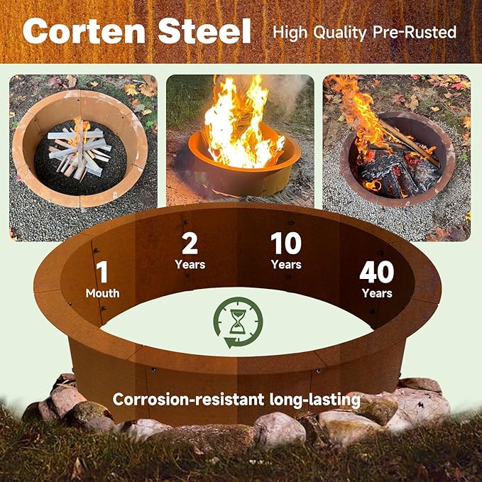 Fire Pit Ring Outdoor Wood Burning Fire Pit Liner 43.3 Inch Camping Fire Ring Corten Steel Firepit Ring Heavy Duty Campfire Ring Above or In-Ground for Bonfire Outdoor Backyard