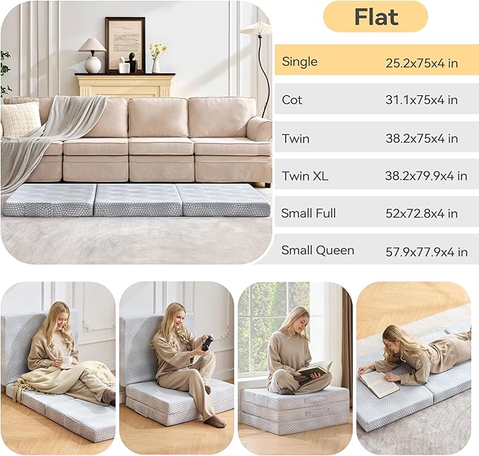 BDEUS Memory Foam Folding Mattress 4 Inch Single Size with Protable Storage Bag, Trifold Mattress Topper Soft Guest Bed Floor Mat for Kids Camping Road Trip, Gray, 25 x 75 Inch