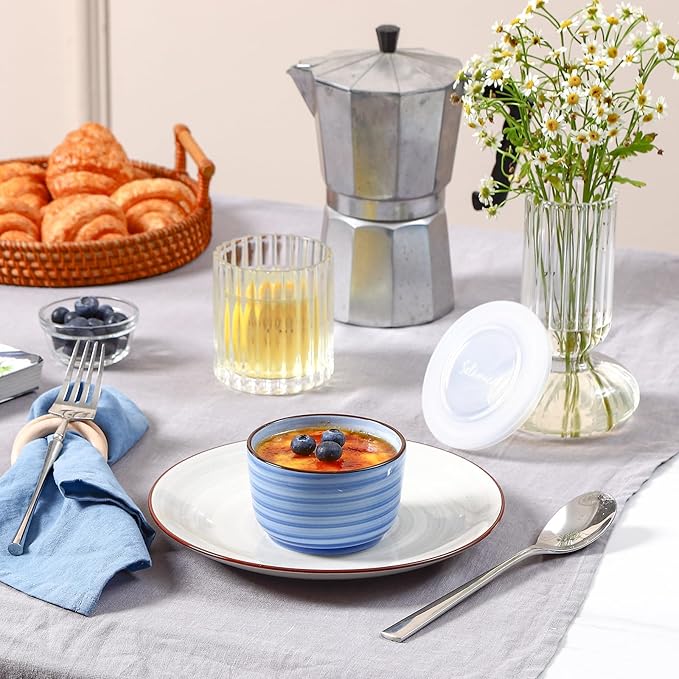 Selamica Ramekins with Lids 8 oz, Creme Brulee Ramekins Oven Safe, Souffle Dishes Porcelain Custard Cups for Baking, Small Bowls for Dipping, Pudding, Ice Cream, Set of 6, Gradient Color