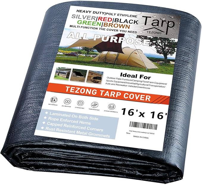 Tarp Heavy Duty Waterproof 16x16ft,TEZONG Black Tarp 16Mil Plastic Tarpaulin Outdoor Tarp Cover for Emergency Rain,Patio Furniture,Wood,Roof,Camping,Car,Pool