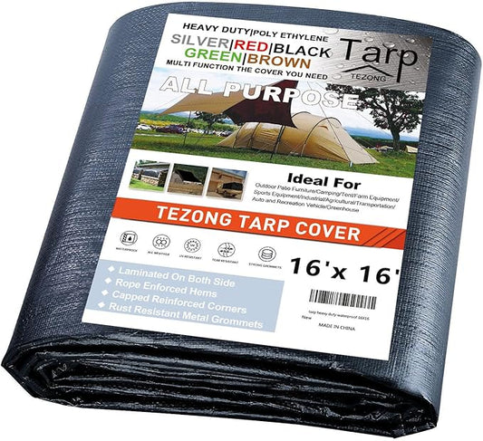 Tarp Heavy Duty Waterproof 16x16ft,TEZONG Black Tarp 16Mil Plastic Tarpaulin Outdoor Tarp Cover for Emergency Rain,Patio Furniture,Wood,Roof,Camping,Car,Pool