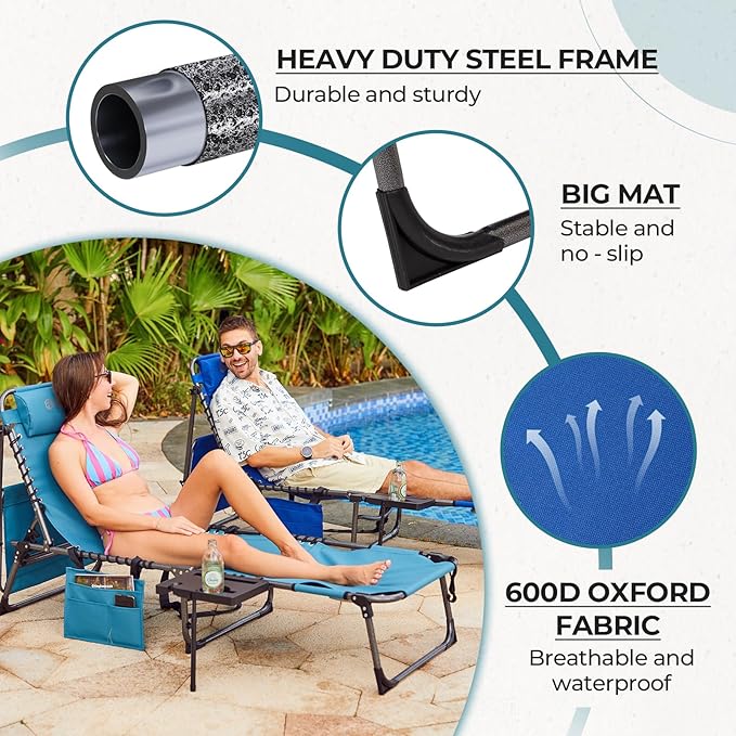 FUNDANGO 4 in 1 Tanning Chair with Face Hole, Beach Lounge Chair w/Canopy Shade & Side Table Chaise Lounge Chairs for Patio, Pool, Lawn, Sunbathing, 5-Position Adjustable Sun Lounger, Set of 2 Blue