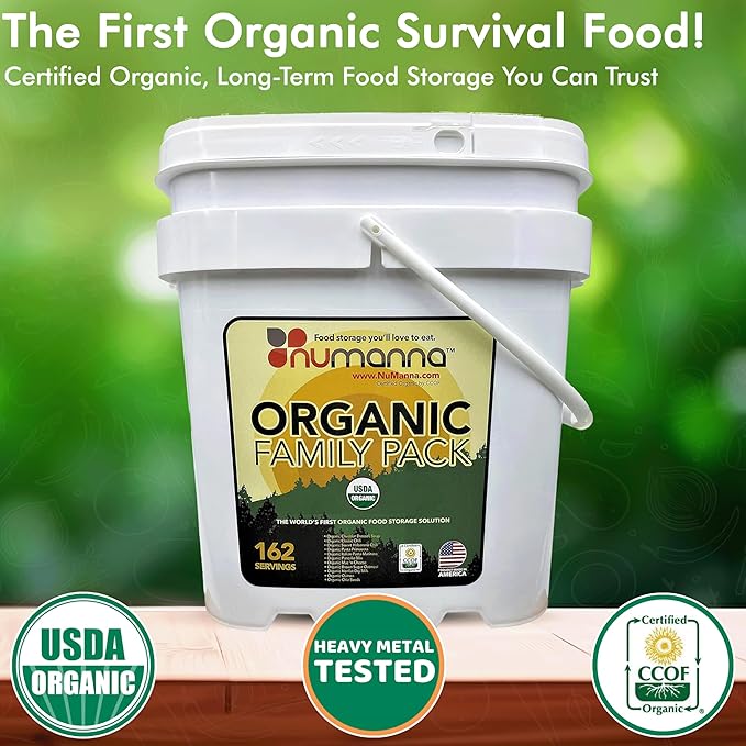 Numanna Organic Family Pack Bucket 162 Servings | USDA Organic, CCOF Certified | 1-Month Meal Kit | Ready-to-Eat Survival Meals | 25-Year Shelf Life | USA Made | Ideal for Daily Use & Emergency Prep