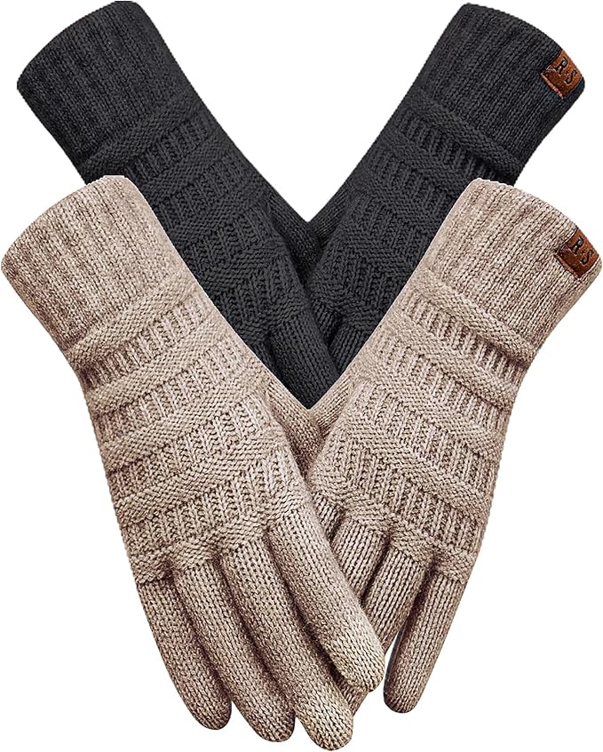 REACH STAR 2 Pairs Winter Gloves for Women - Upgraded Touch Screen Warm Knit Gloves Cold Weather, Soft Fleece Lining Elastic