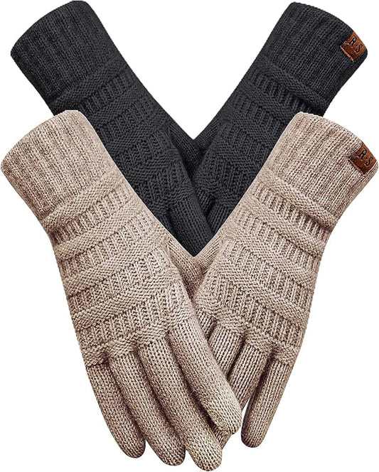 REACH STAR 2 Pairs Winter Gloves for Women - Upgraded Touch Screen Warm Knit Gloves Cold Weather, Soft Fleece Lining Elastic