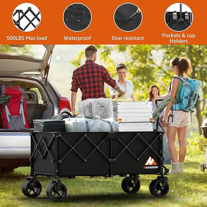 Collapsible Wagon Cart with Wheels - Foldable Wagons300L Heavy Duty-550lbs, Beach Wagon with Big Wheels for Sand Folding Utility Wagons Carts for Sports Shopping Camping