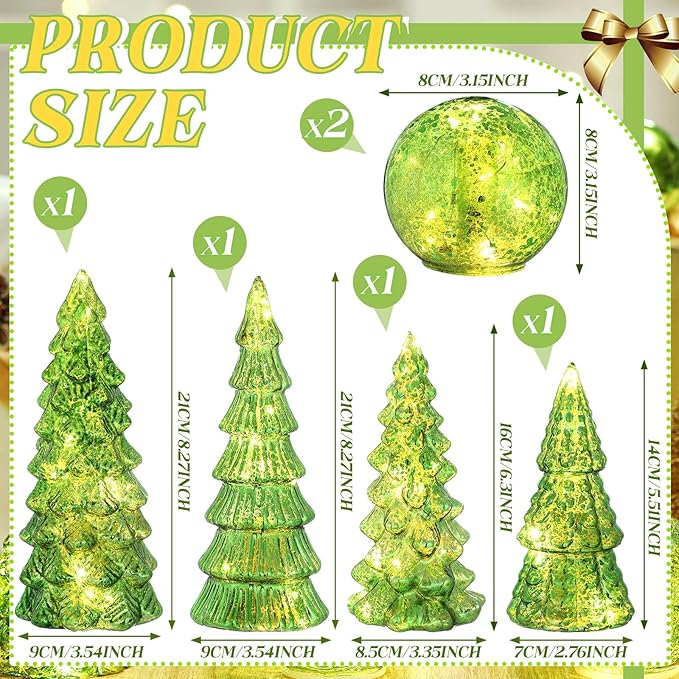 Syhood 6 Pcs Lime Green Mercury Glass Christmas Tree for Tabletop Light up Figurine Christmas Tree Mercury Cracked Glass Globe with Light for Xmas Decor Home Party Centerpiece Mantel Gift