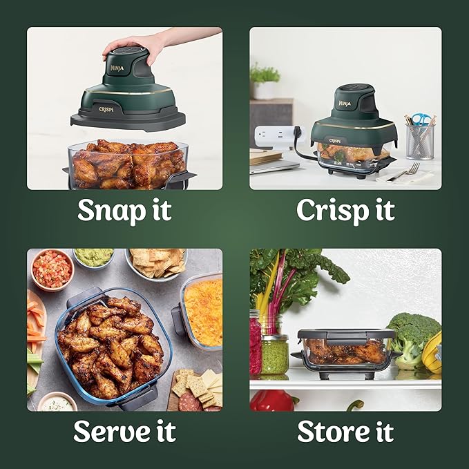Ninja Crispi 5-in-1 Portable Glass Air Fryer, 4-QT, 2.5-QT & 6-Cup Glass Containers with Crisper Plates & Storage Lids, Microwave, Freezer & Dishwasher Safe, British Racing Green, FN103BF