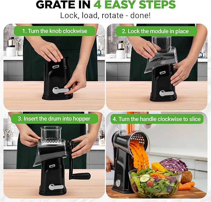 NutriChef 5 in 1 Cheese Grater & Shredder | 5 Different Blades for Thin, Thick, Julienne Strips, Wavy, & Straight Strips | Includes Hand Crank, Strong Suction Base & Storage Container | Black