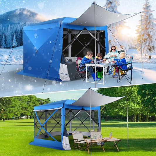 COBIZI 12x12 Pop up Gazebo Screen House Tent for Camping, Outdoor Canopy Tent with Removable Roof&Sidewalls, Portable Hub Tent with Carrying Bag and Ground Stakes, Blue(Upgraded 2.0)