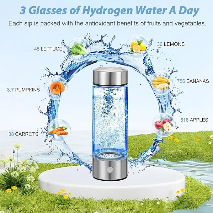 2025 New Hydrogen Water Bottle, Rechargeable Hydrogen-Rich Water Generator Machine with SPE PEM Technology,for Home Office Travel Fitness Drinking, Portable, Glass, Stainless Steel, 450ml